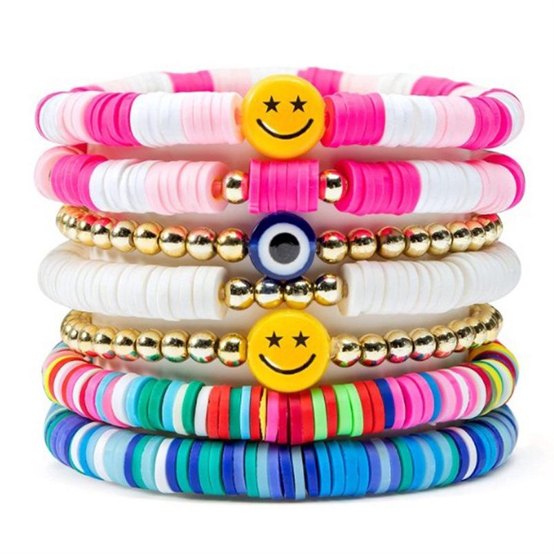 Colorful Smiley Face Polymer Clay & Gold Bead Bracelet Set 
Colorful Smiley Face Polymer Clay & Gold Bead Bracelet Set