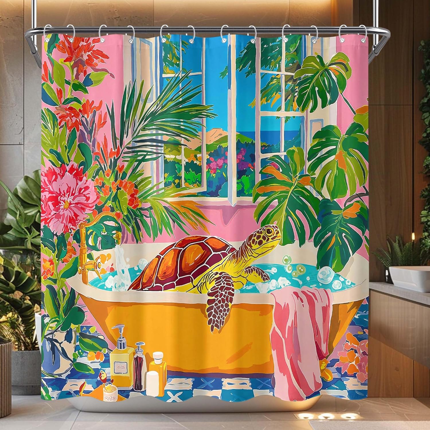 Boho Turtle Shower Curtain – Tropical Palm & Pink Flowers, Vibrant Coastal Bathroom Decor 71X71 Inch With12 Pc Hooks W60H190(CM)-1 Pcs
Boho Turtle Shower Curtain – Tropical Palm & Pink Flowers, Vibrant Coastal Bathroom Decor 71X71 Inch With12 Pc Hooks W60H190(CM)-1 Pcs