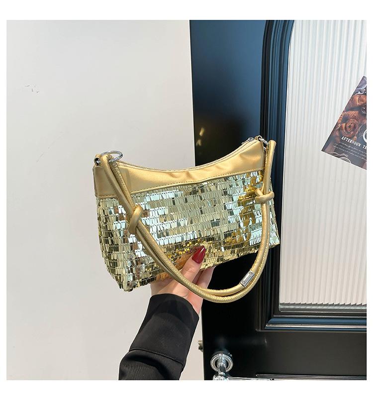 2025 лето новая сумка-багет новая сумка под мышкой популярная нишевая повседневная большая вместимость пайетки простая сумка золотой