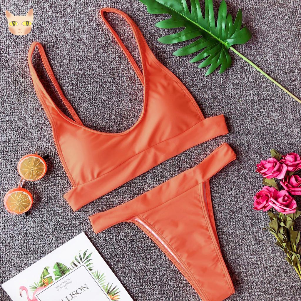 YOJI Moda Kadın Seksi Bikini Seti Katı Şınav Plaj Mayosu Yastıklı
