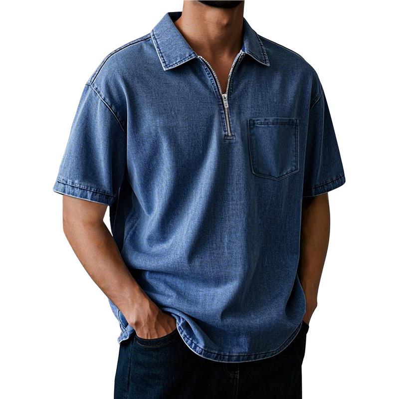 Mens Casual Washed Denim Half Zip Polo Collar Short Sleeve Shirt With Pocket L темно-синього кольору
Mens Casual Washed Denim Half Zip Polo Collar Short Sleeve Shirt With Pocket L темно-синього кольору