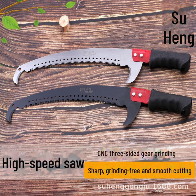 Curved Manganese Steel Hook Saw with Rubber Handle and Three-Sided Grinding Teeth for High-Altitude Branches.
Curved Manganese Steel Hook Saw with Rubber Handle and Three-Sided Grinding Teeth for High-Altitude Branches.