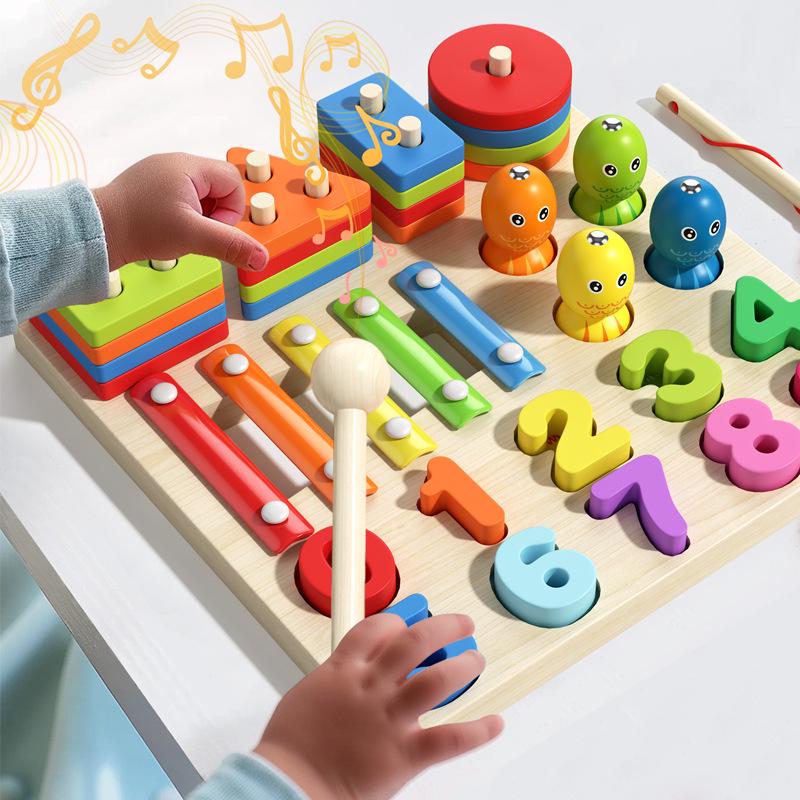 Multifunctional Children s Wooden Toy Set: Fishing, Stacking Rings, Xylophone, Hand-Eye Coordination & Color Recognition.
Multifunctional Children s Wooden Toy Set: Fishing, Stacking Rings, Xylophone, Hand-Eye Coordination & Color Recognition.