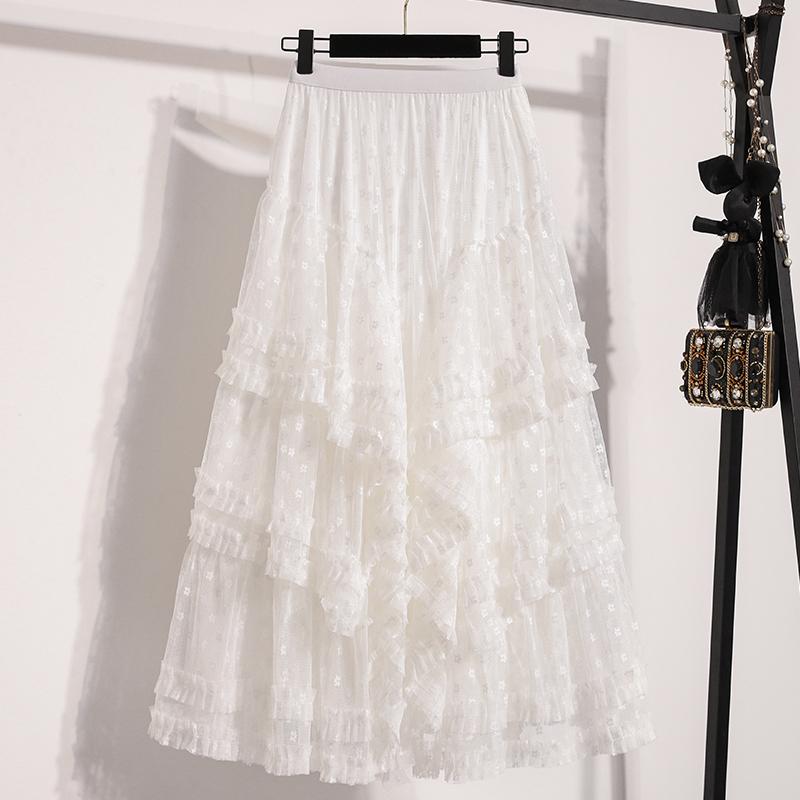 DIMANAF 2025 Весна Женские Новые Юбки Винтаж Свободные Эластичные Плиссированные Элегантные Длинные Юбки Кружева Плюс Размер Высокая Талия 4XL белый