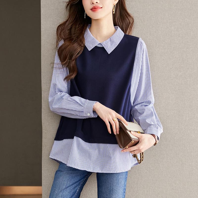 Blue Striped Splicing Knitted Fake Two-piece Shirt Women s Long-sleeved Loose and Thin Top M
Blue Striped Splicing Knitted Fake Two-piece Shirt Women s Long-sleeved Loose and Thin Top M