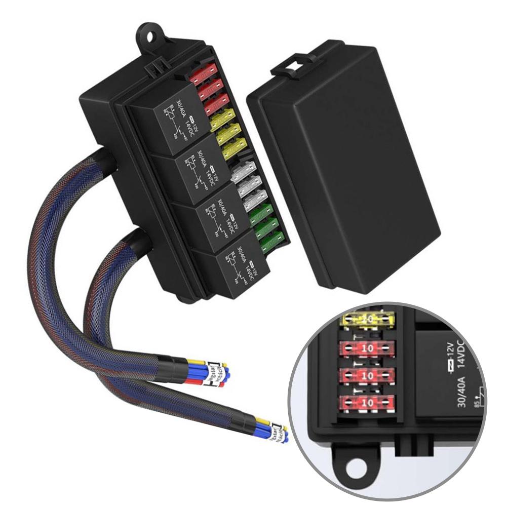 Automotive Fuse Relay Box 12V Prewired with 4 Relays and 12 ATCATO Fuses for Car Truck and Marine Applications
Automotive Fuse Relay Box 12V Prewired with 4 Relays and 12 ATCATO Fuses for Car Truck and Marine Applications