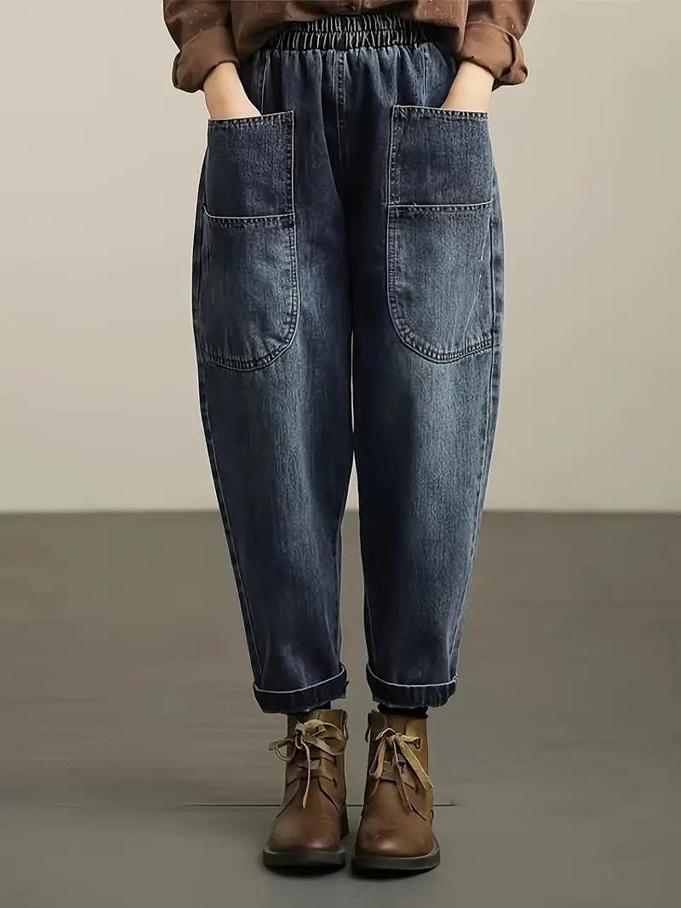 Puffanpop Women s Non-Stretch Elastic Waist Baggy Jeans - Large Patch Pockets Washed Denim Cuffed Hem Relaxed Fit Pants for Casual Daily Wear XXL синій
Puffanpop Women s Non-Stretch Elastic Waist Baggy Jeans - Large Patch Pockets Washed Denim Cuffed Hem Relaxed Fit Pants for Casual Daily Wear XXL синій