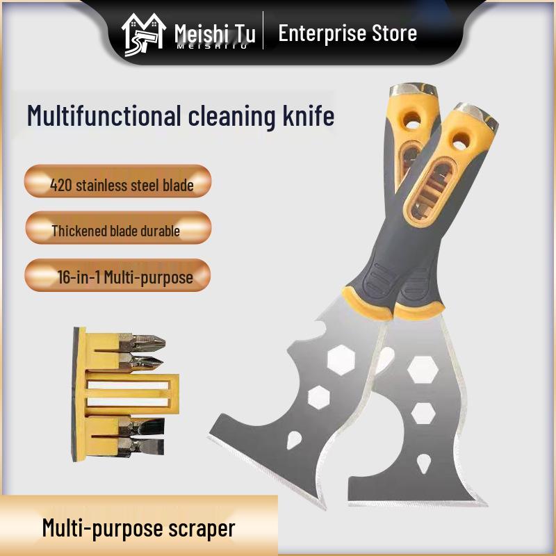 Meishi Tu 16-in-1 Multifunctional Cleaning Tool: Stainless Steel Scraper, Cleaning Roller, Spatula, Wall Scraper, Bit Driver, Hex Wrench.
Meishi Tu 16-in-1 Multifunctional Cleaning Tool: Stainless Steel Scraper, Cleaning Roller, Spatula, Wall Scraper, Bit Driver, Hex Wrench.
