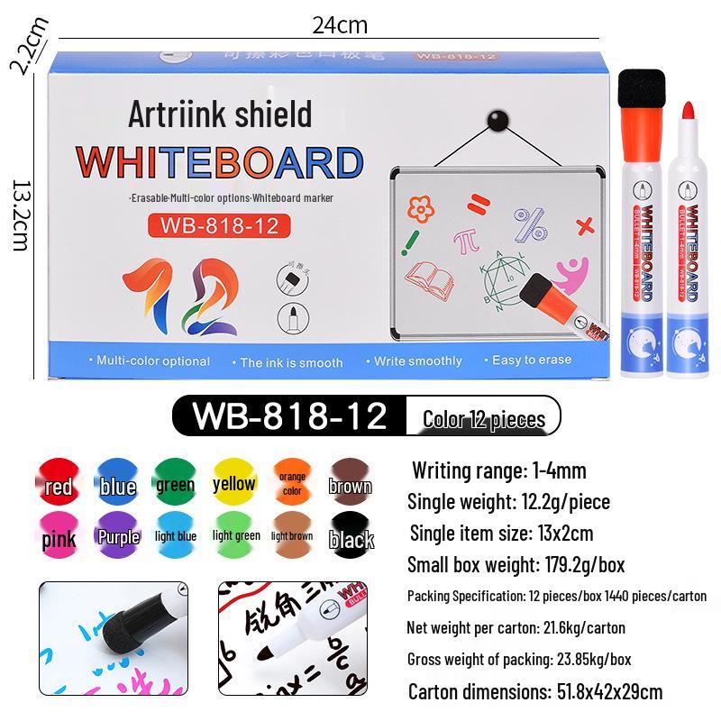 Shield 818 Erasable Water-Based Whiteboard Markers - 12 Color Set with Eraser Head for Children & Teaching
Shield 818 Erasable Water-Based Whiteboard Markers - 12 Color Set with Eraser Head for Children & Teaching