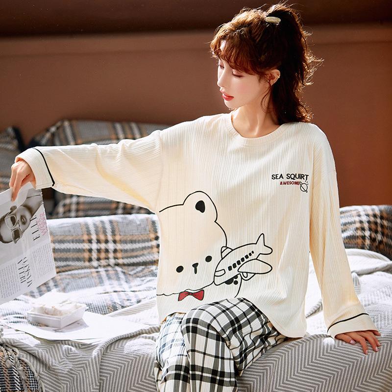 Пижамные костюмы с длинными рукавами, женские весенне-осенние спортивные костюмы, одежда для сна, повседневная свободная зимняя домашняя одежда, пуловер больших размеров, хлопок XL слоновая кость
