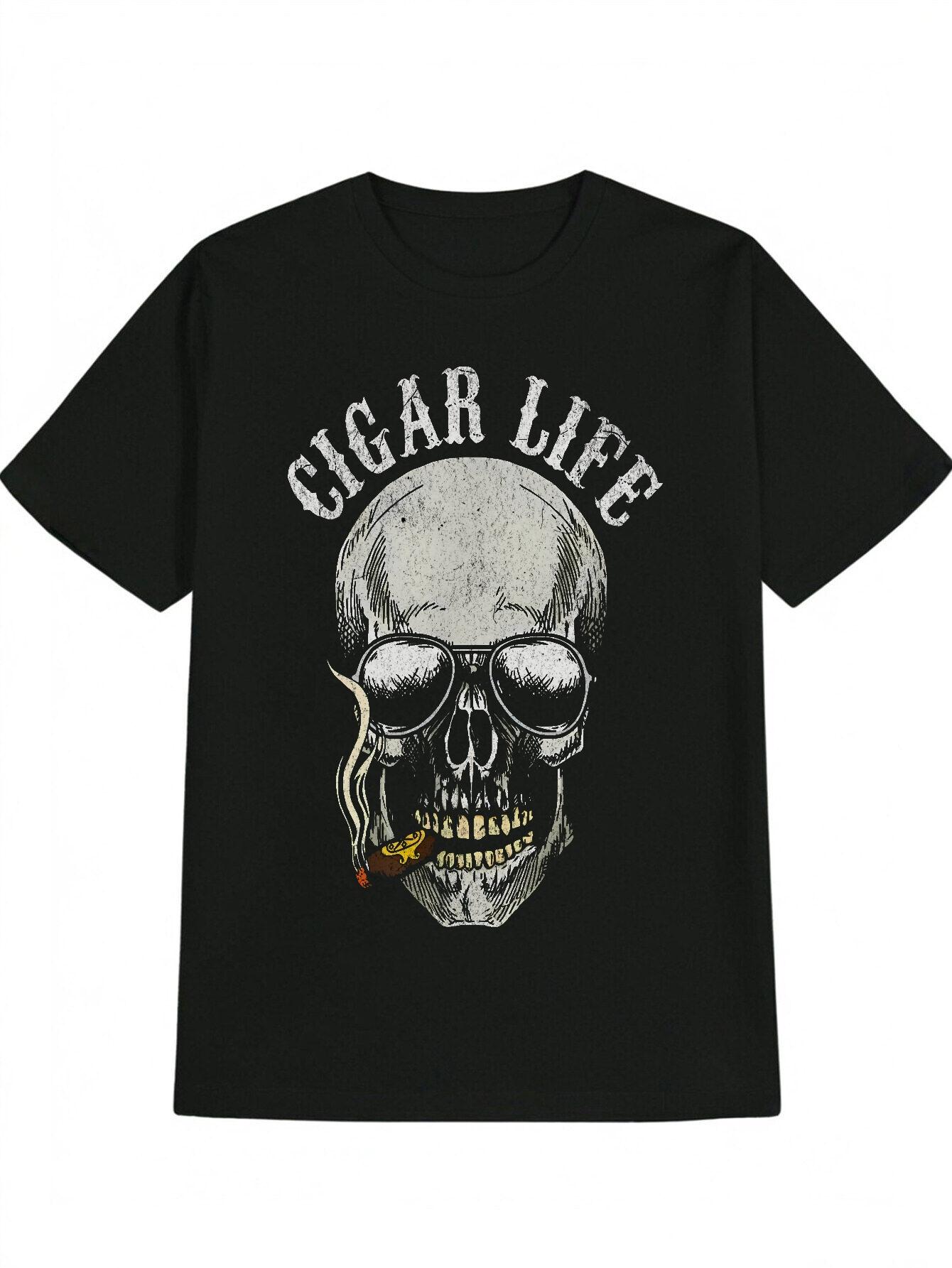 Casual Graphic T-shirt - Edgy Skull & Cigar Smoke Print with CIGAR LIFE Text - Black Round Neck Summer Tee - Machine Washable Gift L
Casual Graphic T-shirt - Edgy Skull & Cigar Smoke Print with CIGAR LIFE Text - Black Round Neck Summer Tee - Machine Washable Gift L