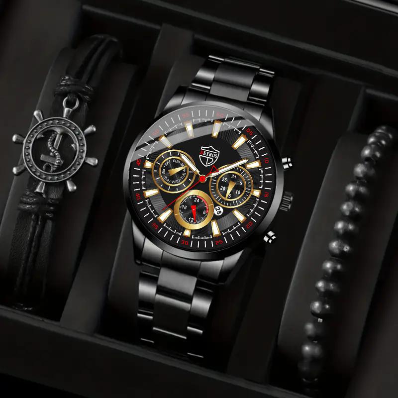 3 шт./набор, 1 шт. модные мужские повседневные кварцевые наручные часы из нержавеющей стали, 1 шт. браслет, 1 шт. ожерелье, мужские подарки