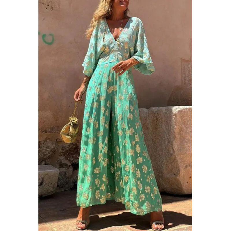 European and American Trousers Travel Vacation Print V-neck Backless Waist Hugging Wide Leg Jumpsuit Wide Leg Leg Jumpsuit Green XL
European and American Trousers Travel Vacation Print V-neck Backless Waist Hugging Wide Leg Jumpsuit Wide Leg Leg Jumpsuit Green XL