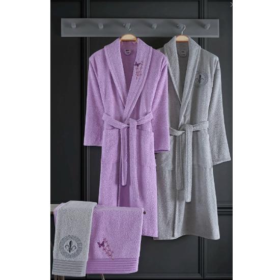 Alya Семейный халат из 4 предметов с вышивкой из хлопка Сиреневый I Серый 
Alya Семейный халат из 4 предметов с вышивкой из хлопка Сиреневый I Серый