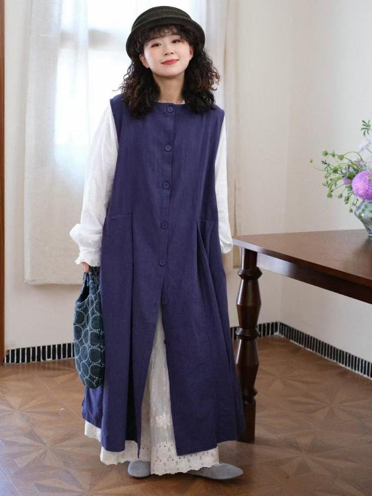 Johnature Japanese Tank Dress Spring Summer Retro Versatile Single-breasted Layered Sleeveless Loose Women Dresses One Size темно-синього кольору
Johnature Japanese Tank Dress Spring Summer Retro Versatile Single-breasted Layered Sleeveless Loose Women Dresses One Size темно-синього кольору