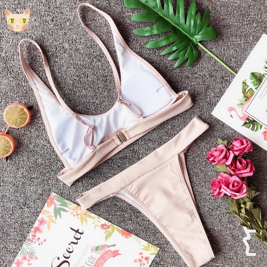 YOJI Moda Kadın Seksi Bikini Seti Katı Şınav Plaj Mayosu Yastıklı
