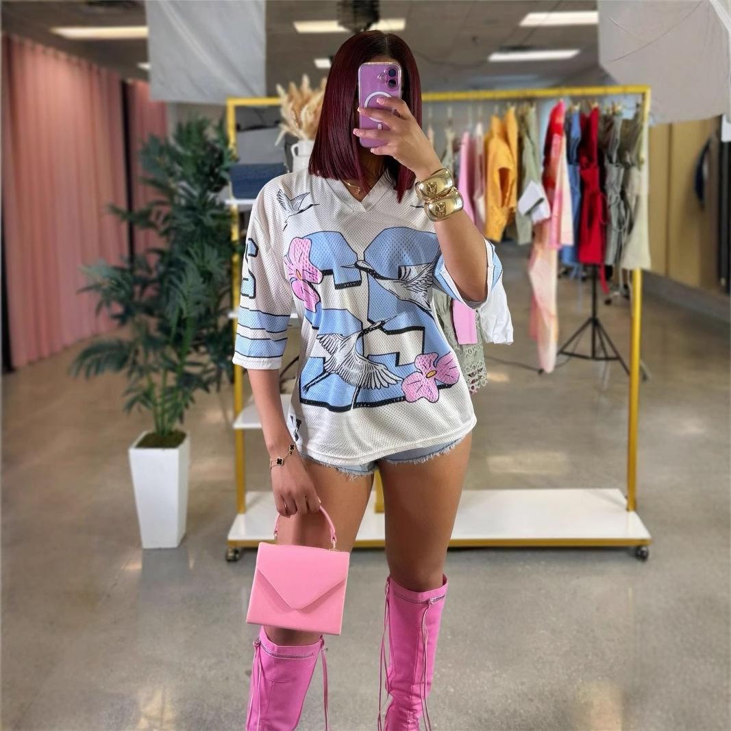 European & American Summer Fashion V-neck Short-sleeve Digital Print Women s Top Large
European & American Summer Fashion V-neck Short-sleeve Digital Print Women s Top Large