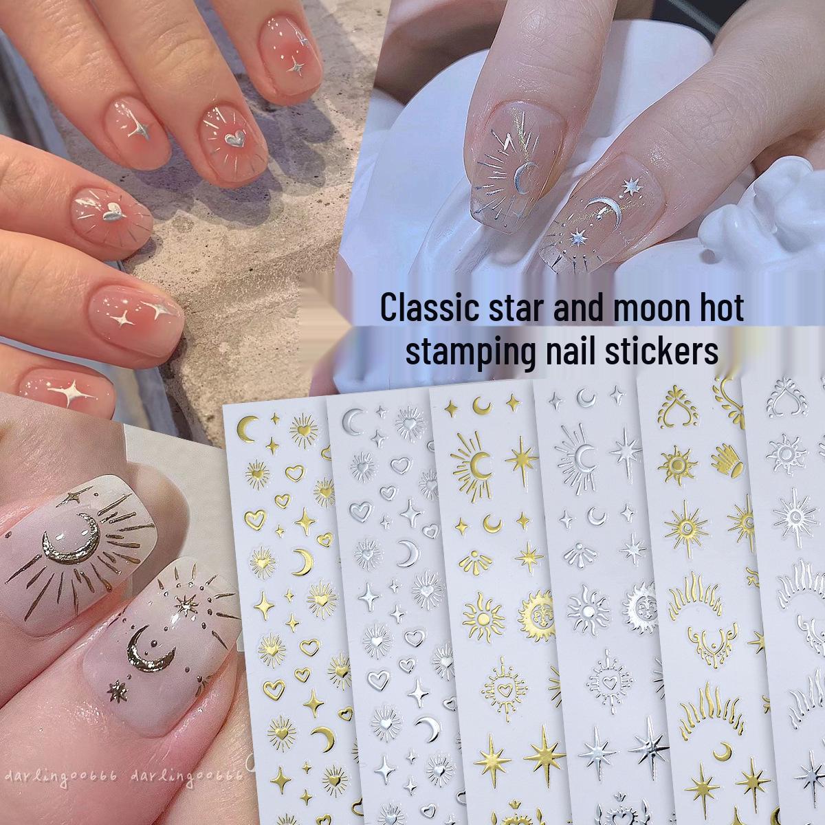 3D Star & Moon Silver Nail Stickers - Self-Adhesive Decals with Sun, Starburst Designs
3D Star & Moon Silver Nail Stickers - Self-Adhesive Decals with Sun, Starburst Designs