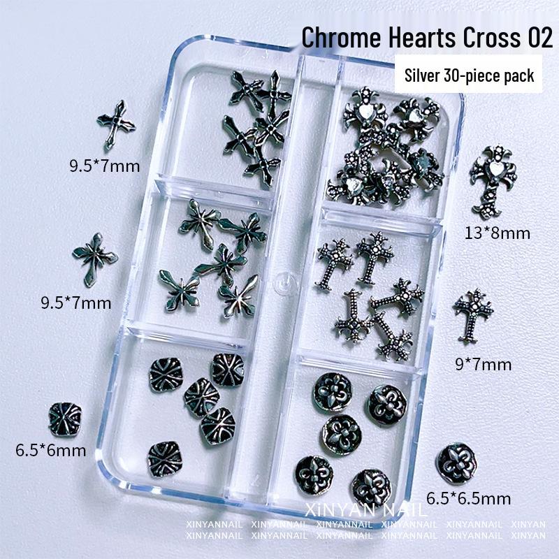 Dark Retro Pin Rivet Nail Set: Empress Cross Pendants & 6-Grid Decorations.
Dark Retro Pin Rivet Nail Set: Empress Cross Pendants & 6-Grid Decorations.