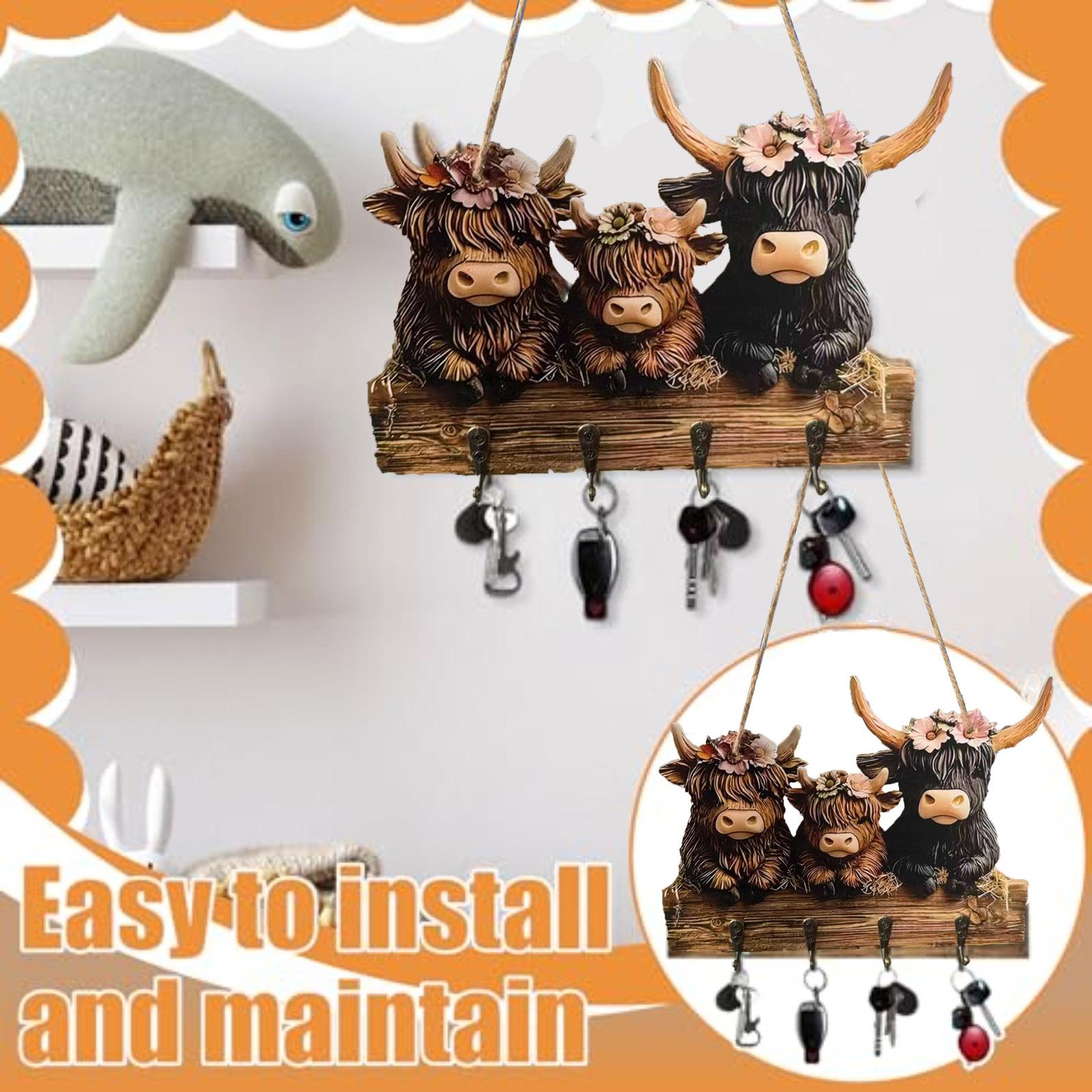 Коровьи украшения Держатель для ключей для настенного крепления Животное Деревянные крючки для полотенец и ключей Вешалка для одежды One Size жёлтый