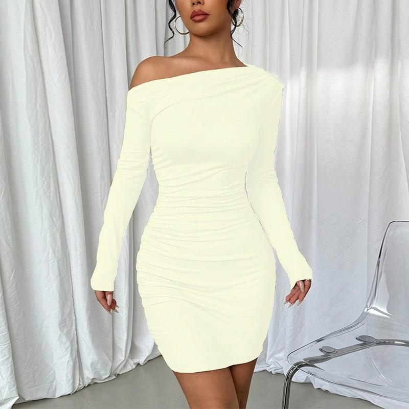 European American Pure Color Slim Dress New Style Slanting Shoulders Long-sleeved Hip S
European American Pure Color Slim Dress New Style Slanting Shoulders Long-sleeved Hip S