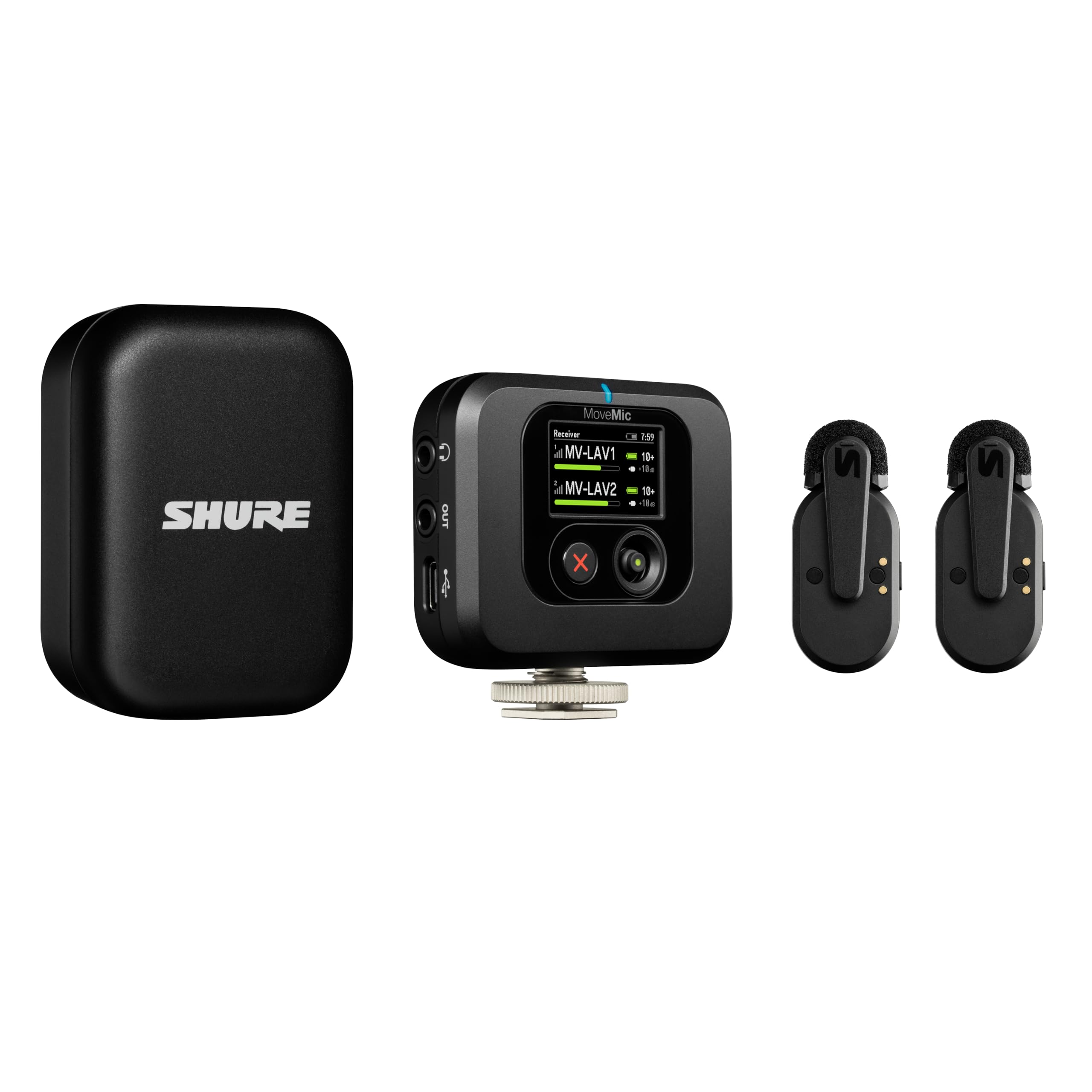 Shure MoveMic Two Kit Receiver Kit 2 Wireless Pin Microphones 1 Receiver Compatible with iPhone Android Smartphone Camera PC Mac Professional
Shure MoveMic Two Kit Receiver Kit 2 Wireless Pin Microphones 1 Receiver Compatible with iPhone Android Smartphone Camera PC Mac Professional