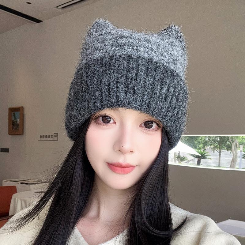Милые вязаные шапки с кошачьими ушками, повязки для большой головы, теплые шерстяные шапки, подчеркивающие лицо, маленькие шапки-пуловеры и тренд на холодные шапки осенью и зимой M(56-58cm)