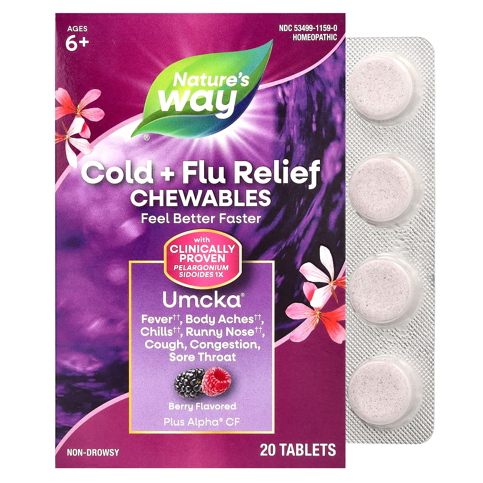Nature s Way, Umcka, Cold + Flu Relief Chewable Tablets, Ages 6+, Berry, 20 Tablets
Nature s Way, Umcka, Cold + Flu Relief Chewable Tablets, Ages 6+, Berry, 20 Tablets