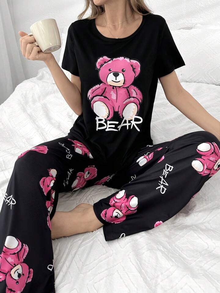 Cartoon pink bear print short-sleeved trousers loungewear suit women XS чорний
Cartoon pink bear print short-sleeved trousers loungewear suit women XS чорний