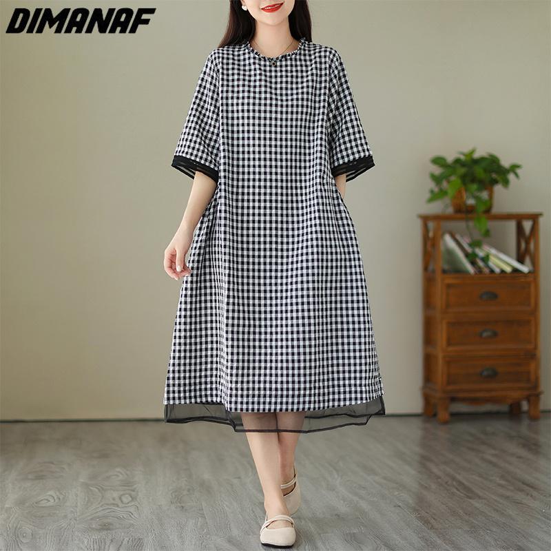 DIMANAF 2023 Летнее платье-футболка больших размеров Женское хлопковое свободное платье Клетчатые повседневные женские платья с о-образным вырезом с половинным рукавом