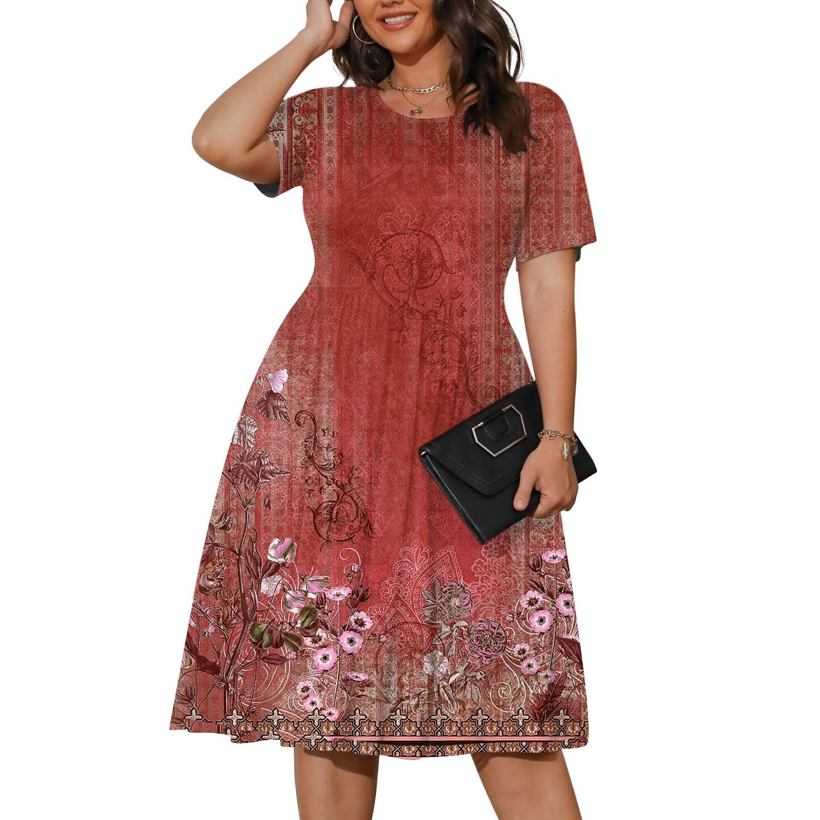 Женское летнее платье больших размеров, повседневное платье-футболка с короткими рукавами и бледной талией, свободное платье-футболка с карманами XL красный