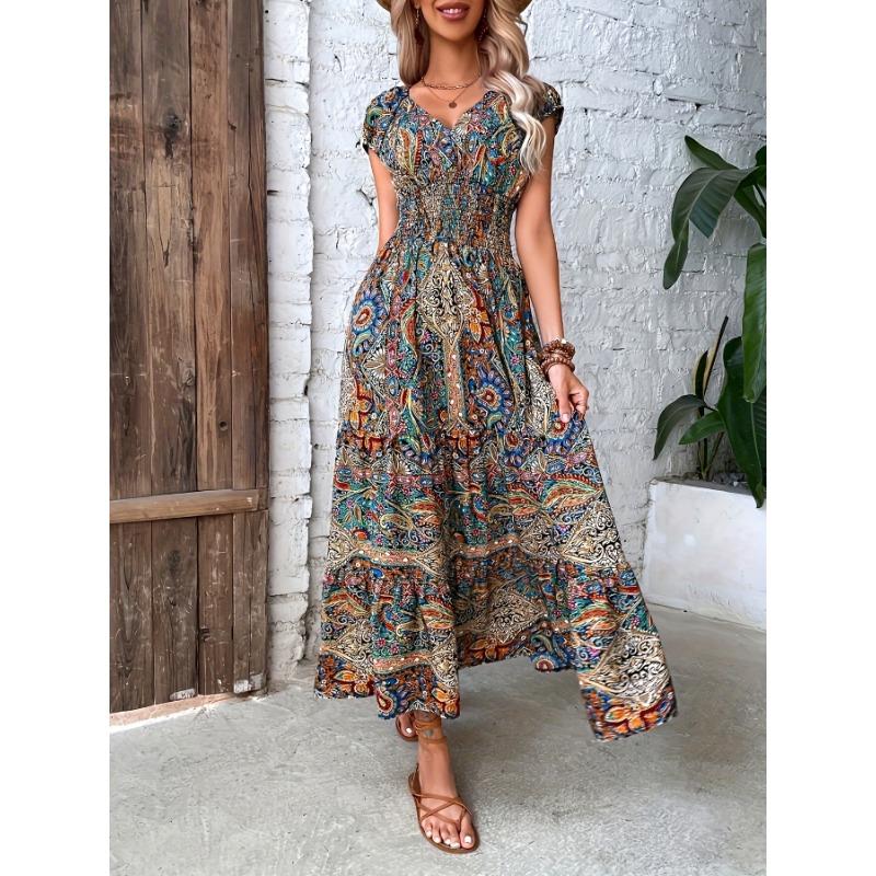 Summer Short Sleeve V Neck Printed Loose Women Dress Fashion Floral Pleated Elastic Waist Slim Fit Bohi A-line Party Dress Holiday Clothing 2XL
Summer Short Sleeve V Neck Printed Loose Women Dress Fashion Floral Pleated Elastic Waist Slim Fit Bohi A-line Party Dress Holiday Clothing 2XL