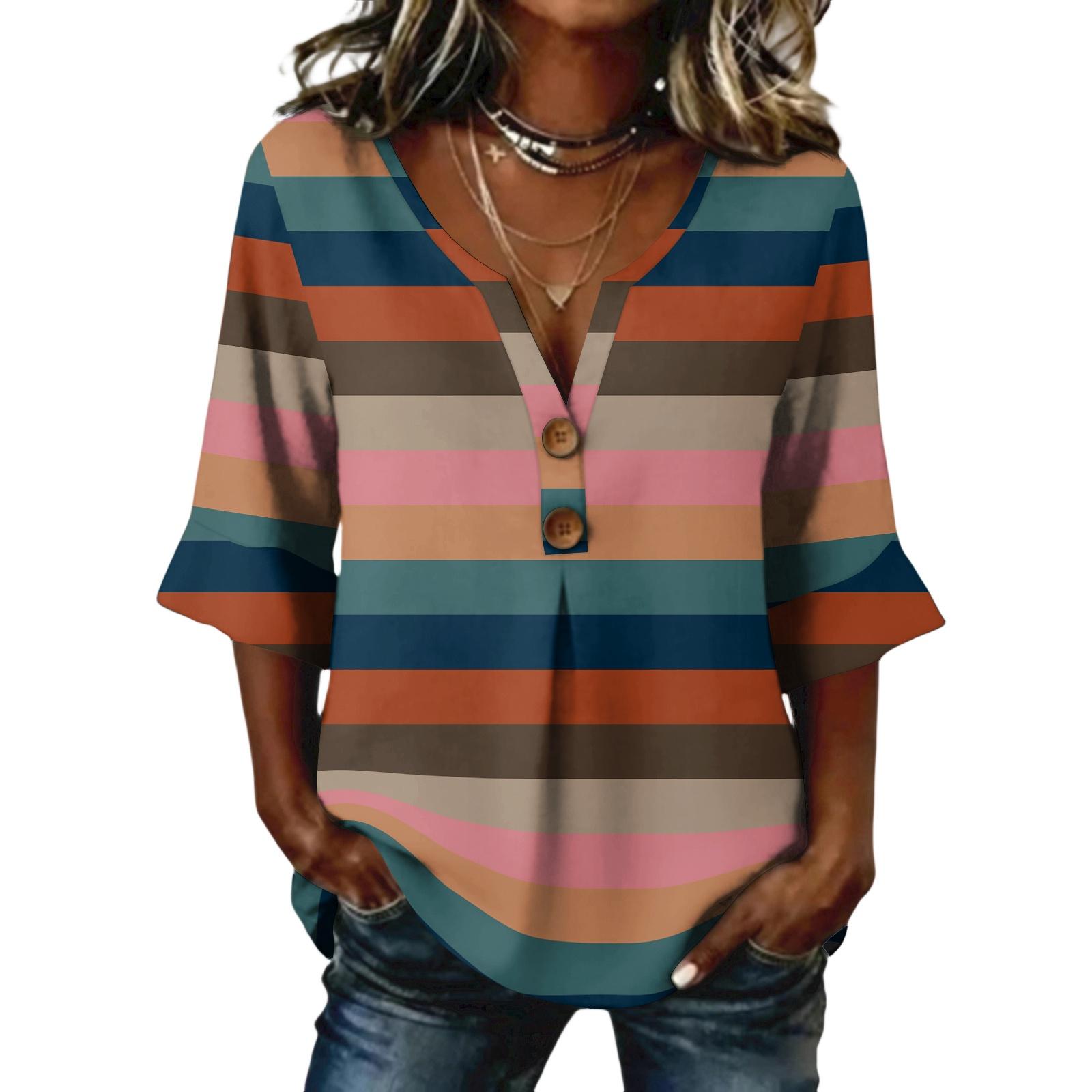 Ladies striped printed button casual V-neck fashionable seven quarter sleeve top XL
Ladies striped printed button casual V-neck fashionable seven quarter sleeve top XL