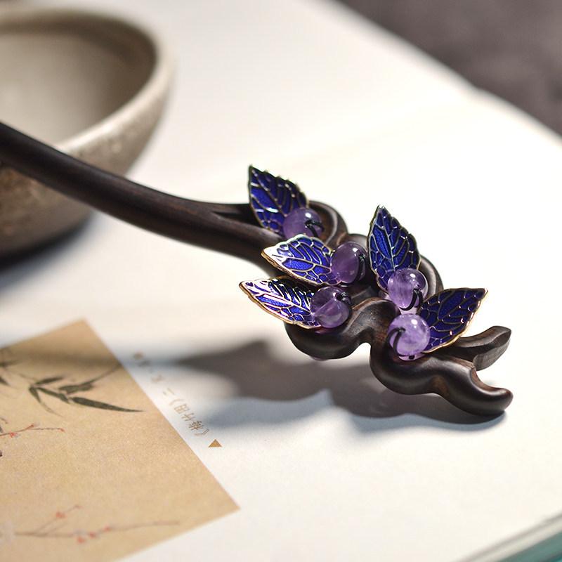 GEMCHIC Women s Handmade Ebony Wood Hair Stick with Amethyst and Blue Enamel Leaves, Vintage Chinese Classical Hairpin Accessory
GEMCHIC Women s Handmade Ebony Wood Hair Stick with Amethyst and Blue Enamel Leaves, Vintage Chinese Classical Hairpin Accessory