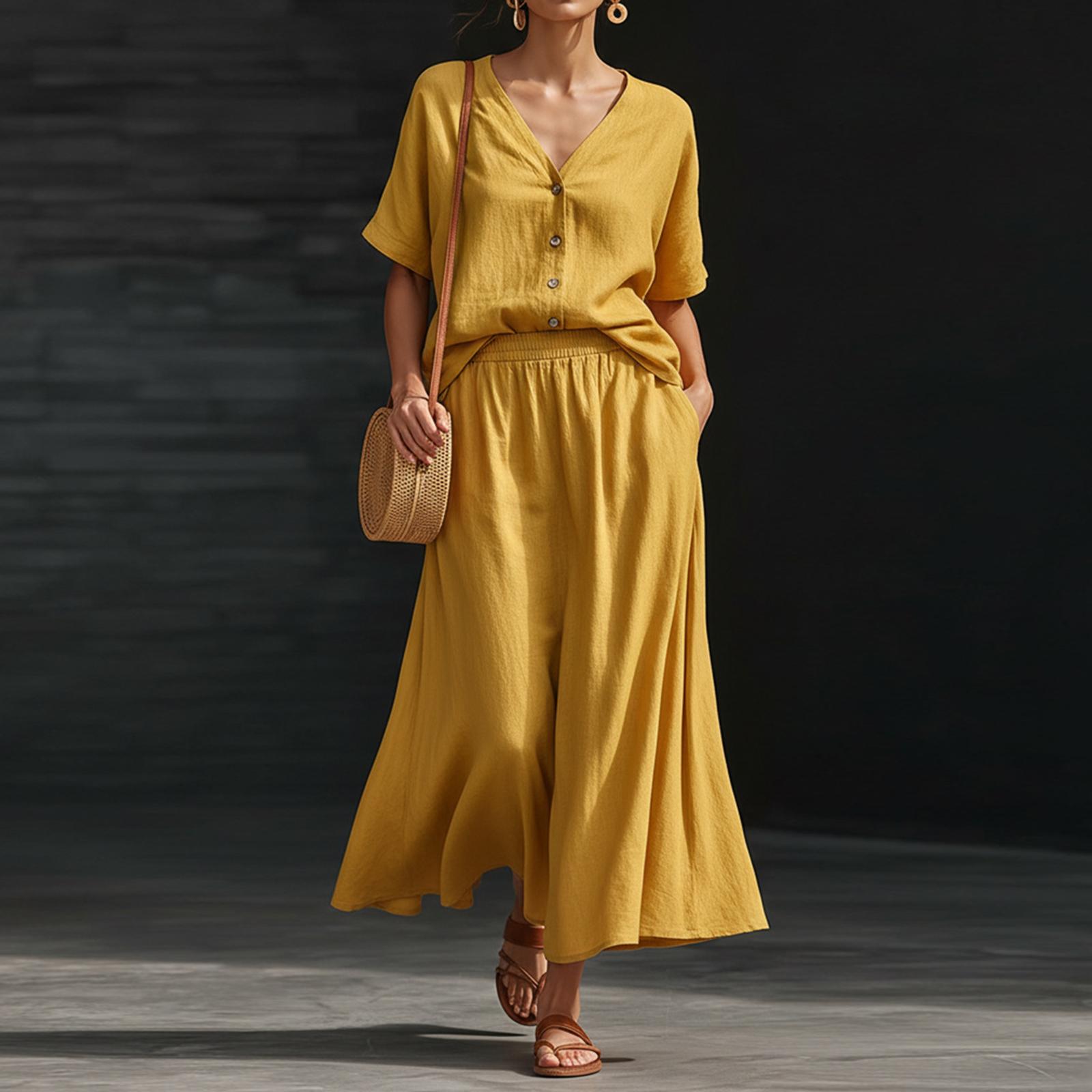 Women s Color Cotton Linen V-neck Short Sleeved Top And Skirt Two-piece Set XL жовтий
Women s Color Cotton Linen V-neck Short Sleeved Top And Skirt Two-piece Set XL жовтий