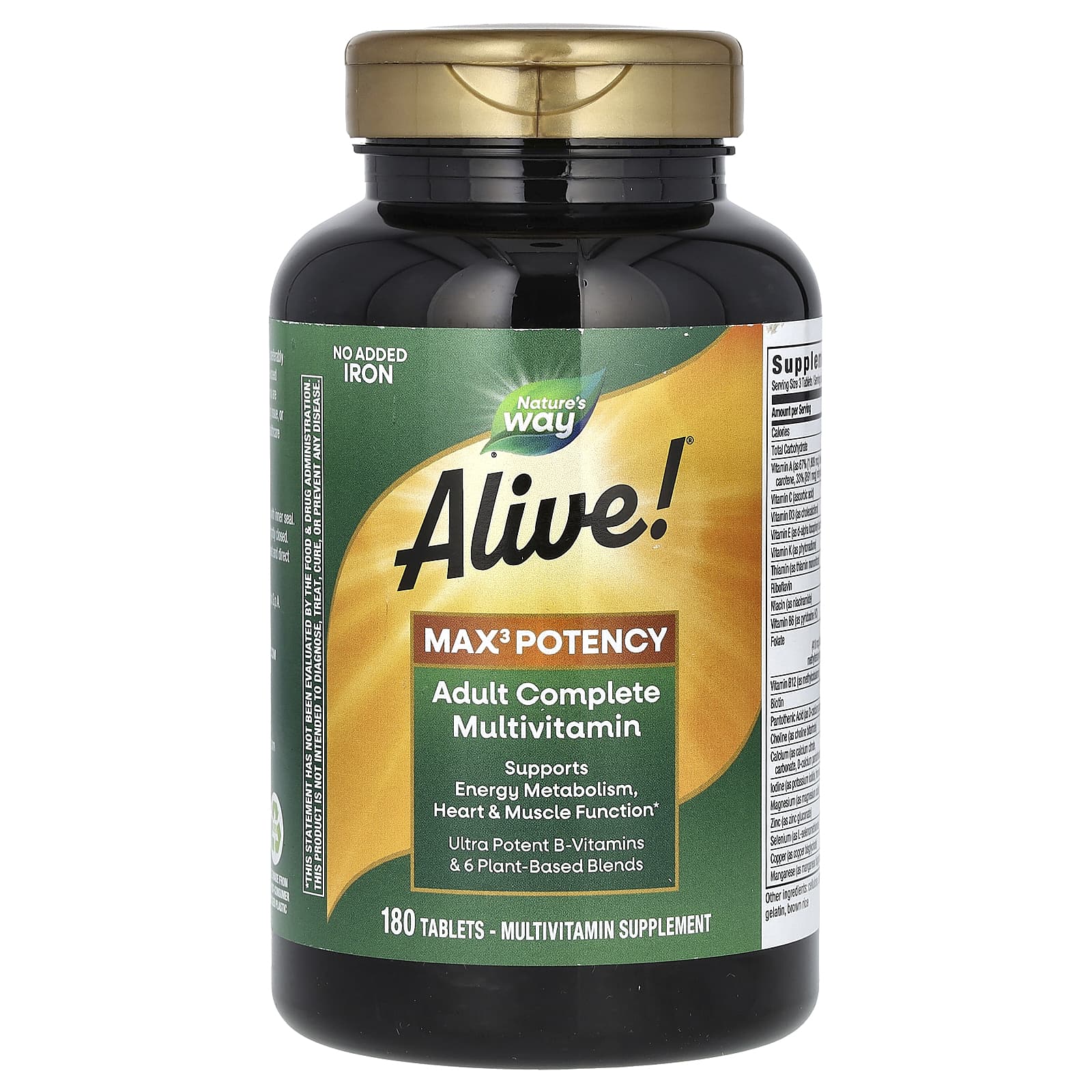 Nature s Way, Alive! Max3 Potency, complete multivitamin for adults, iron-free, 180 tablets
Nature s Way, Alive! Max3 Potency, complete multivitamin for adults, iron-free, 180 tablets