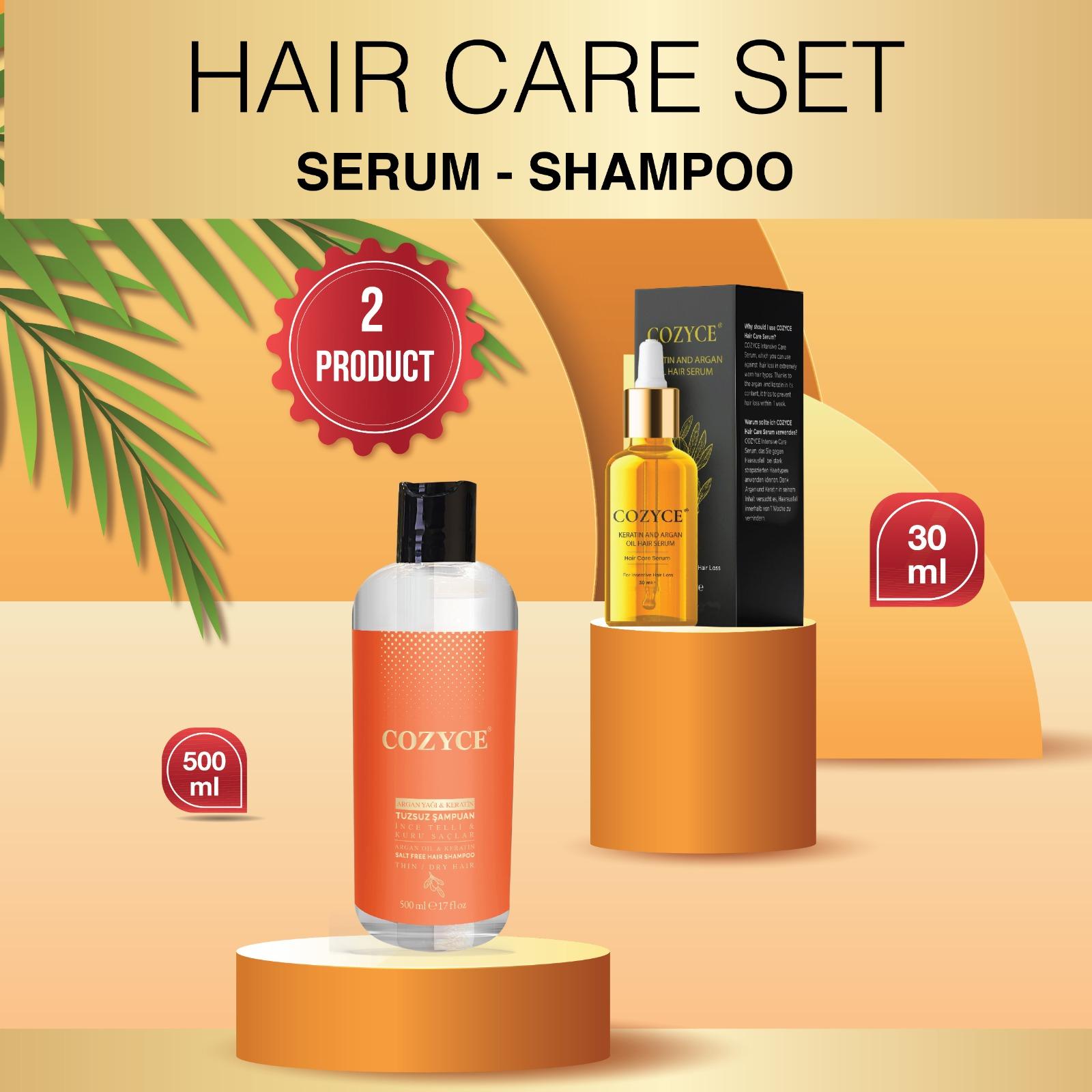 Hair Care Serum 30 ML + Argan & Keratin Salt-Free Shampoo for Fine and Dry Hair 500 ML & Cozyce
Hair Care Serum 30 ML + Argan & Keratin Salt-Free Shampoo for Fine and Dry Hair 500 ML & Cozyce