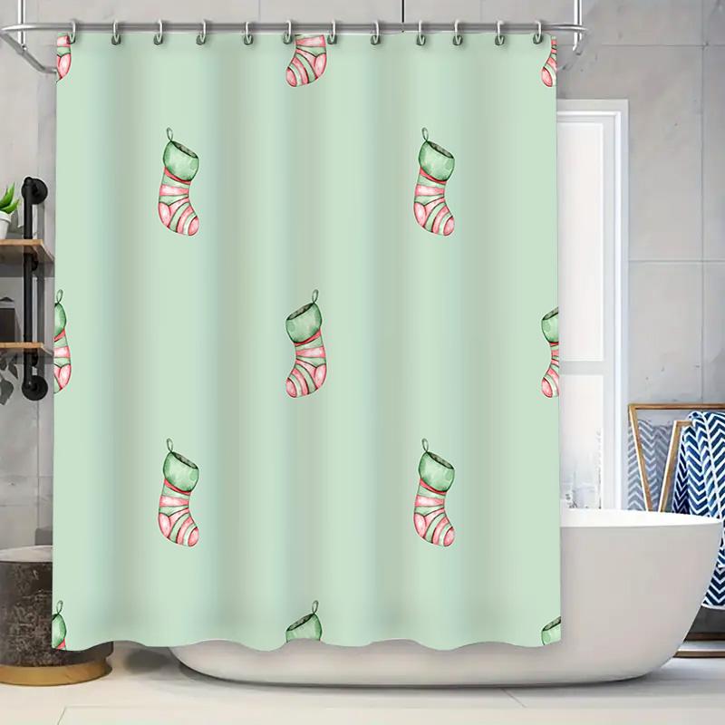 A green shower curtain with cute red striped socks pattern perfect for bathroom decor 90x180cm
A green shower curtain with cute red striped socks pattern perfect for bathroom decor 90x180cm