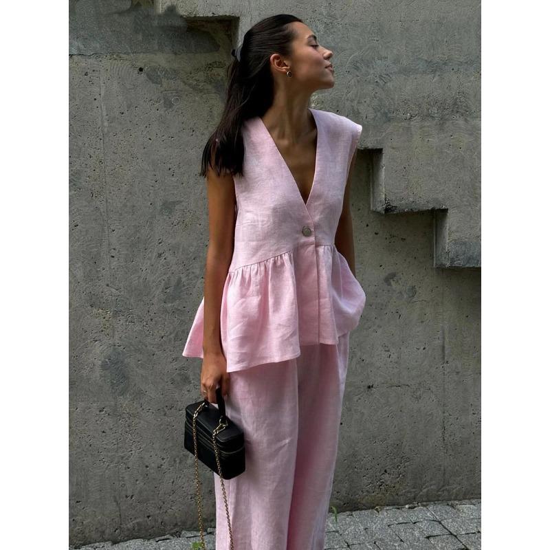 women s Cotton V Neck Sleeveless Peplum Top Wide Leg Pants Casual Commute Two Piece Outfit Set S розовый
women s Cotton V Neck Sleeveless Peplum Top Wide Leg Pants Casual Commute Two Piece Outfit Set S розовый