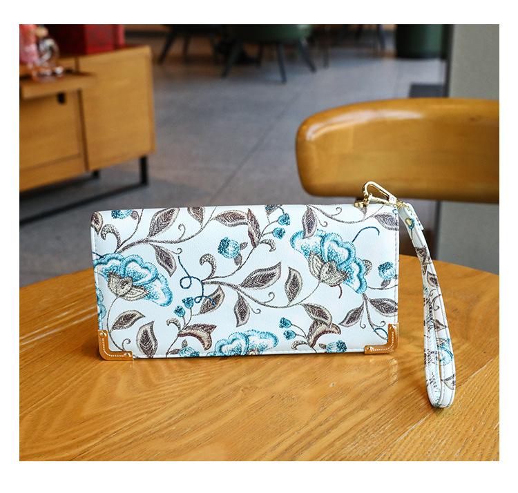Темпераментный элегантный женский длинный кошелек с растительным цветочным узором, сумка для мобильного телефона, портативная маленькая ручная сумка, женская сумка с несколькими отделениями синий