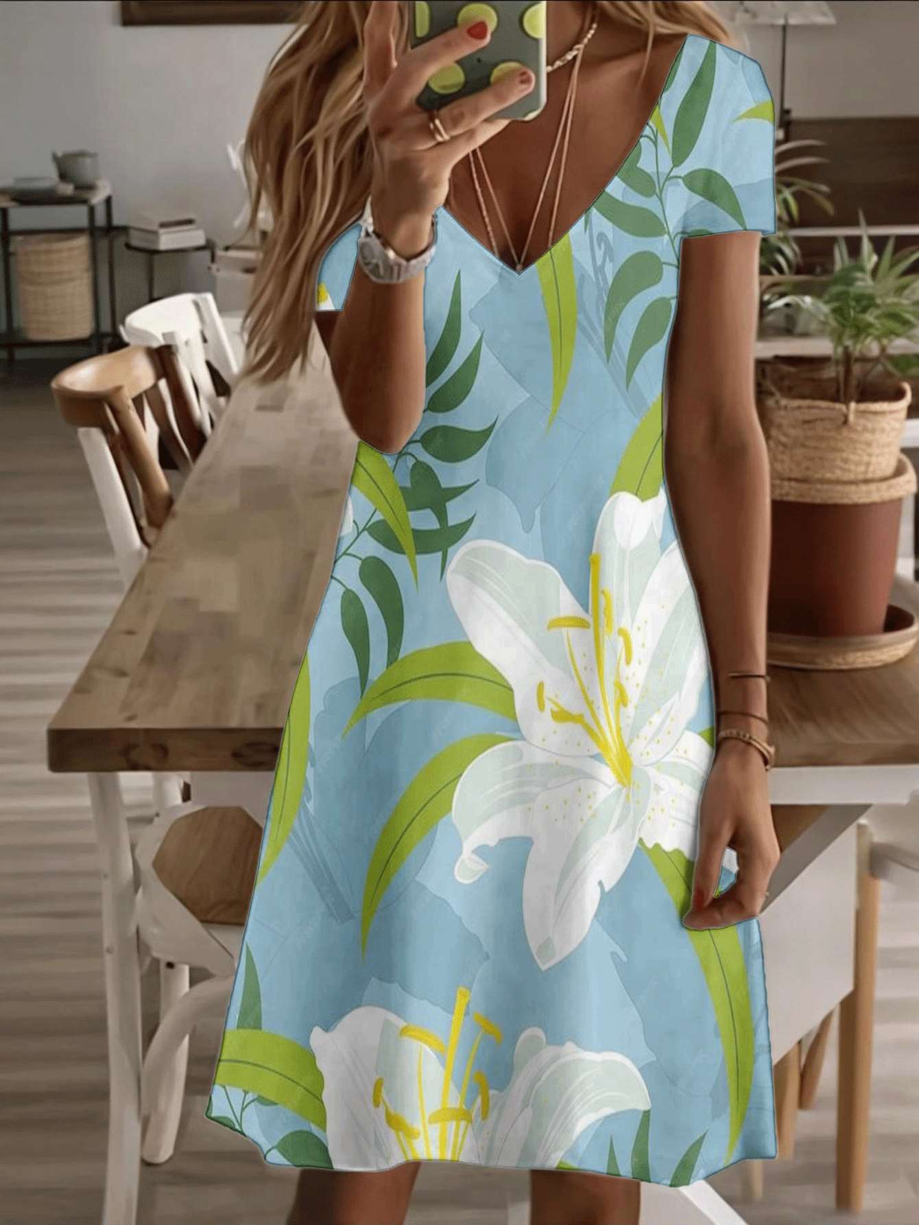 Vneck shortsleeve midi dress tropical lily floral print 3D premium printing durable casual fashion for women beach summer outfit elegant breathable so 3XL дубильна кора
Vneck shortsleeve midi dress tropical lily floral print 3D premium printing durable casual fashion for women beach summer outfit elegant breathable so 3XL дубильна кора