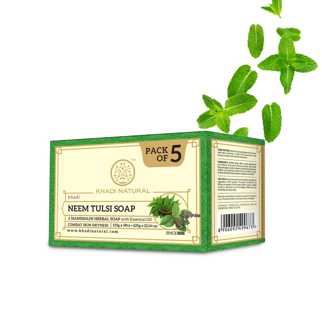 Khadi Natural Neem Tulsi Handmade Soap Pack of 1 125g x 5pcs | Herbal Bath Soap for All Skin Types
Khadi Natural Neem Tulsi Handmade Soap Pack of 1 125g x 5pcs | Herbal Bath Soap for All Skin Types