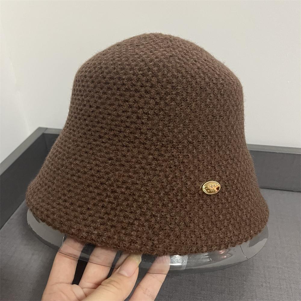 Панама женская осенне-зимняя однотонная теплая панама для маленького лица утолщенная вязаная однотонная простая универсальная шляпа-ведро Adult (55-58cm) кофейный