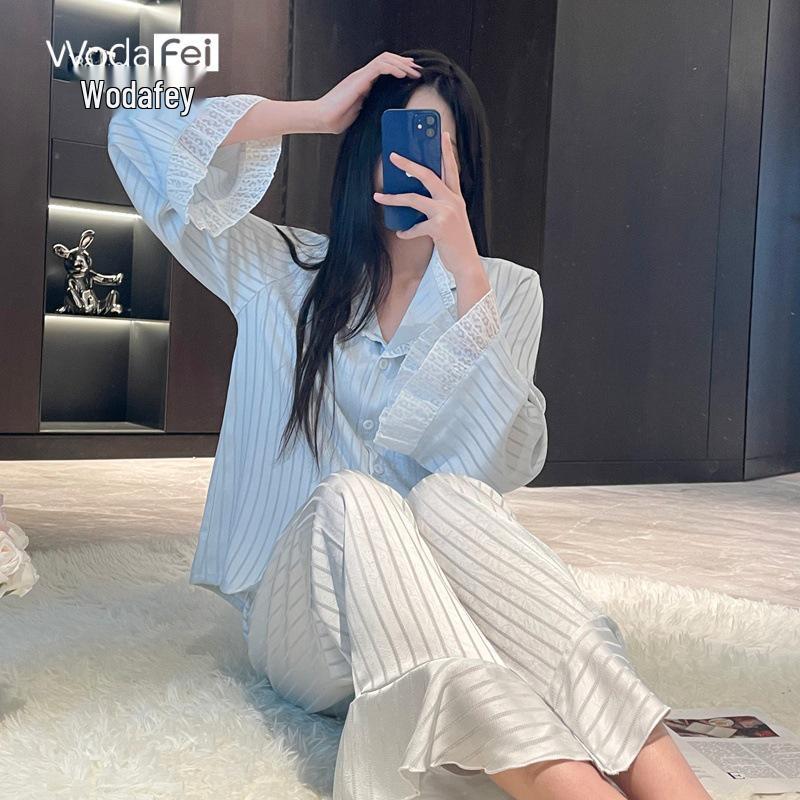 Ruffle Flare Sleeve Ice Silk Striped Pajamas - Girly, Sweet, Thin Spring Loungewear Medium синий
Ruffle Flare Sleeve Ice Silk Striped Pajamas - Girly, Sweet, Thin Spring Loungewear Medium синий
