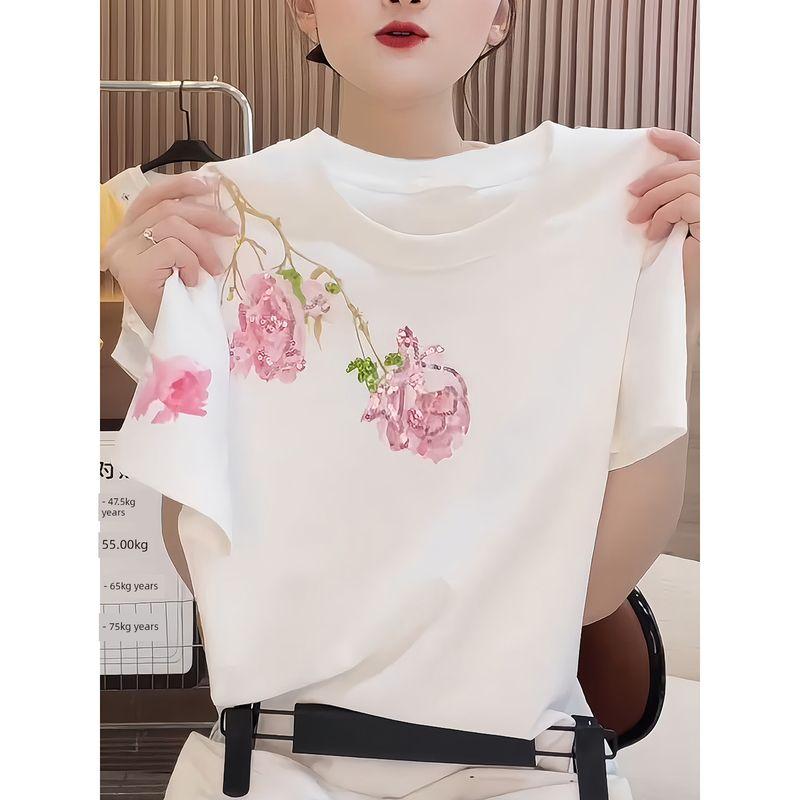 European Summer New Fashion Heavy Industry Flower Pattern Short sleeve T-shirt Women Plus size Versatile Temperament Western Style Top White S
European Summer New Fashion Heavy Industry Flower Pattern Short sleeve T-shirt Women Plus size Versatile Temperament Western Style Top White S
