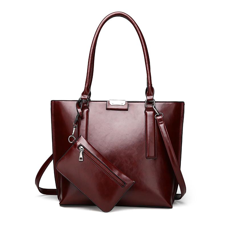 Женский комплект из 2 предметов, повседневная сумка-тоут, высококачественная масляная восковая мягкая кожа, элегантная офисная сумка и кошельки, черная роскошная сумка в стиле ретро, новинка 2022 года красный