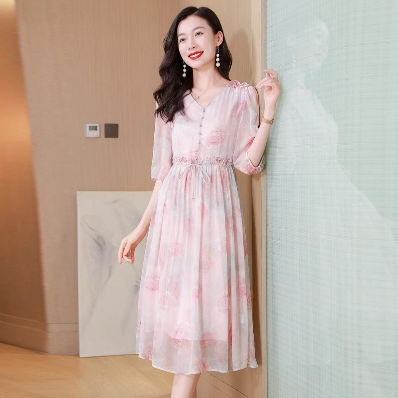 Шелковое платье с шелковым принтом, летнее новое, с регулируемой талией, для морского отдыха XXL розовый