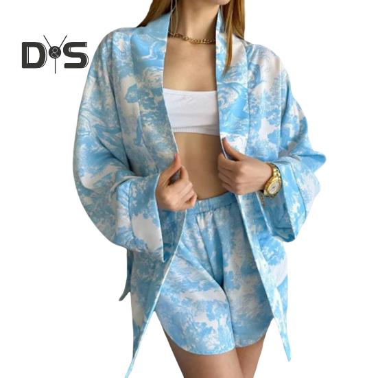 2 шт./компл., женская рубашка, шорты, костюм с принтом, воротник-стойка на шнуровке, длинные рукава, кардиган, короткие брюки с высокой эластичной резинкой на талии, повседневная спортивная одежда с разрезом подол S синий
2 шт./компл., женская рубашка, шорты, костюм с принтом, воротник-стойка на шнуровке, длинные рукава, кардиган, короткие брюки с высокой эластичной резинкой на талии, повседневная спортивная одежда с разрезом подол S синий