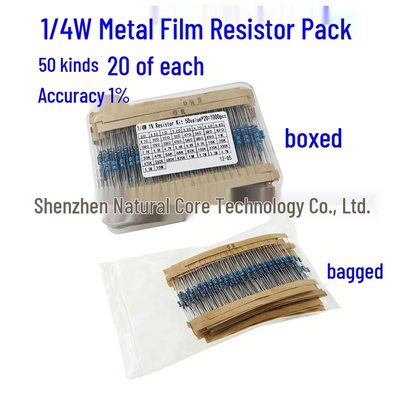 1/4W Metal Film Resistor Set: 1% Accuracy, 50 Varieties, Five-Band Color Code, 1000 Pcs Total Bagged 50 Types x20
1/4W Metal Film Resistor Set: 1% Accuracy, 50 Varieties, Five-Band Color Code, 1000 Pcs Total Bagged 50 Types x20