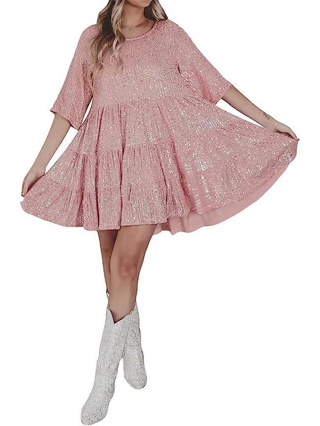 Sequin Short Sleeve Round Neck Ruffle Dress Medium рожевий
Sequin Short Sleeve Round Neck Ruffle Dress Medium рожевий